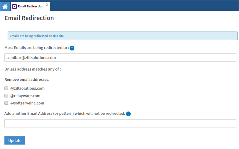 Email Redirection ZiftPRMAdmin